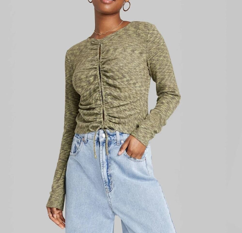 Wild Fable Knit Blouse XS Long Sleeve Fitted Top Lace-Up Cozy Green Spacedye NWT